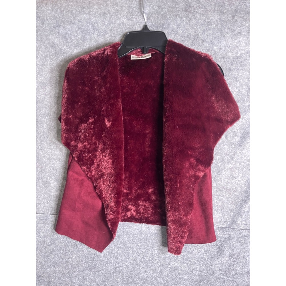 Satin Flowers Burgundy Faux Fur Suede Open Front Vest Wine Red Sleeveless Jacket